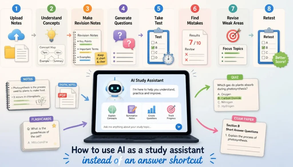 Step-by-step AI study workflow for exam preparation and active revision.