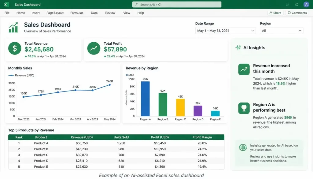 Excel sales dashboard created with AI-assisted charts, KPIs, and data insights.