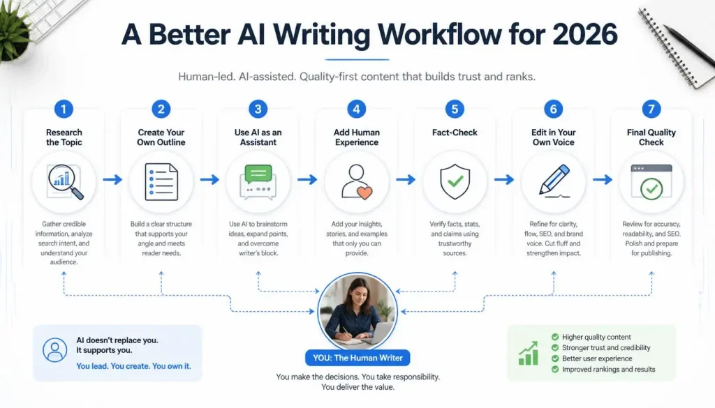 Human-led AI writing workflow from research to final content review