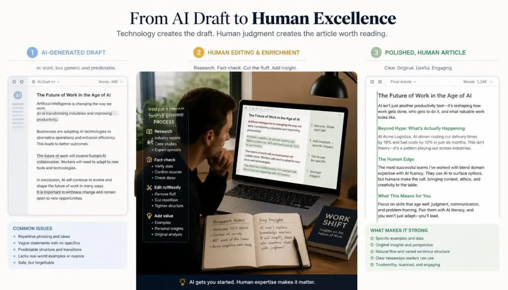 AI-assisted draft being improved through human research editing and original insights